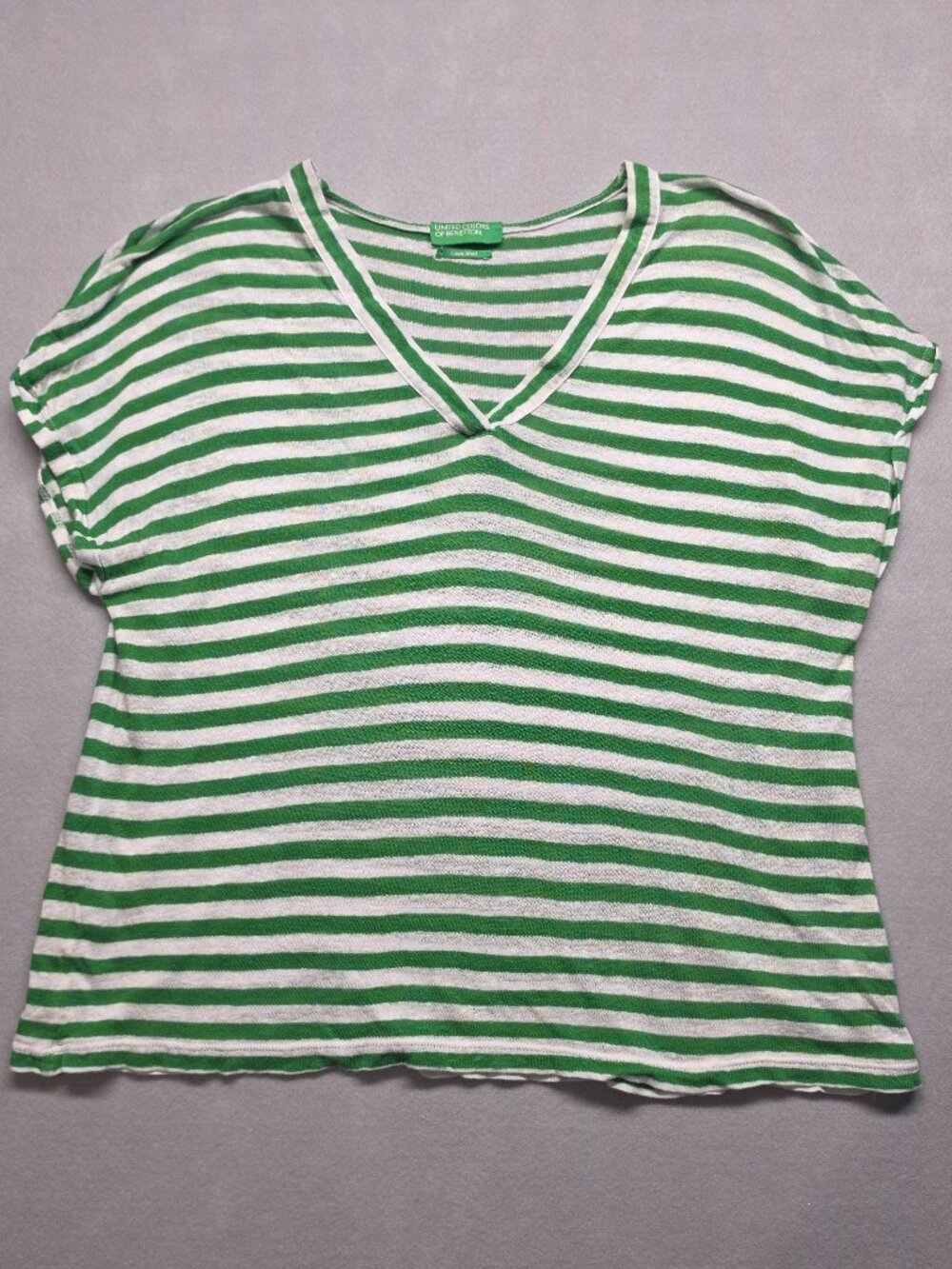 United Colors of Benetton Striped Linen Blend V-Neck Top Large Green White